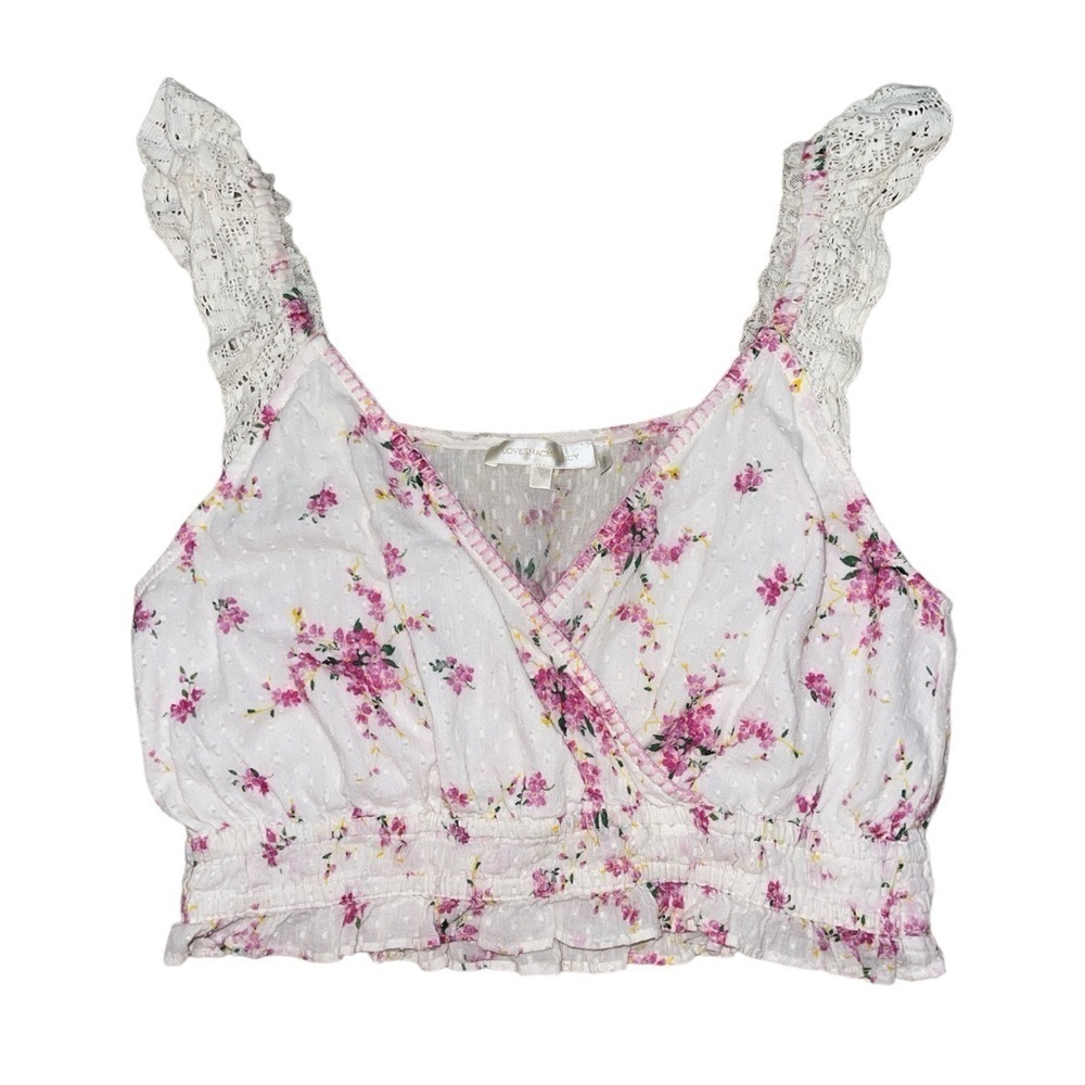 Love Shack Fancy white pink floral lace crochet sleeve crop tank women’s size L